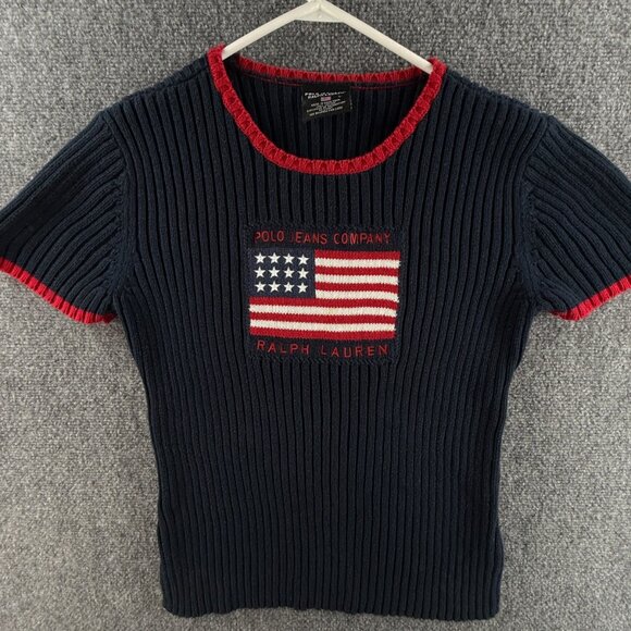 Polo Jeans Ralph Lauren Women Flag Sweater Rib Knit Large Short Sleeve Blue Red - Picture 1 of 13